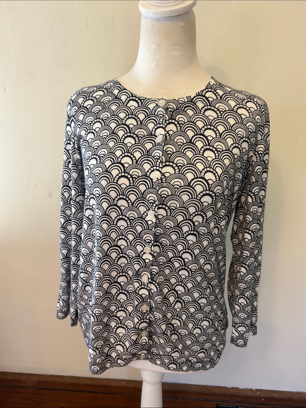 Talbots black white patterned cotton cardigan Size M EUC